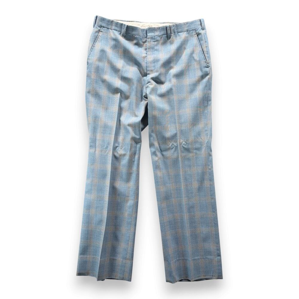 Vintage Pants Mens 36x31 Blue Yellow Plaid Talon Zipper Trousers Disco USA 70s